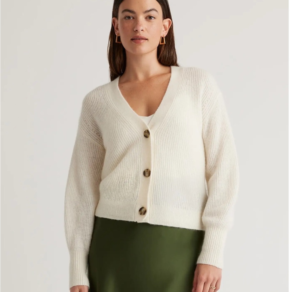 Quince Baby Alpaca-Wool Cropped Cardigan Size M Ivory